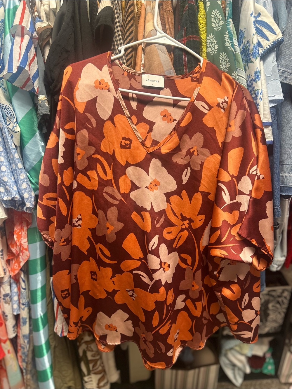 Adrienne Floral V-Neck Blouse in Burnt Orange and Cream